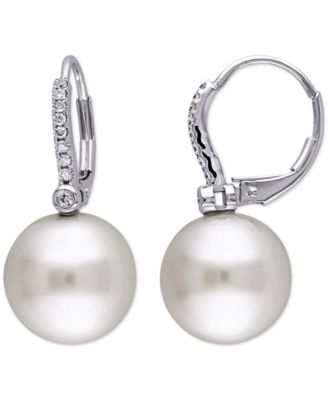 Cultured South Sea Pearl (11mm) & Diamond (1/8 ct. t.w.) Leverback Drop Earrings in 14k White Gold