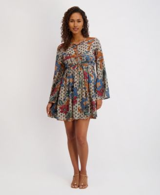Women's Printed-Chiffon Long-Sleeve Fit and Flare Dress