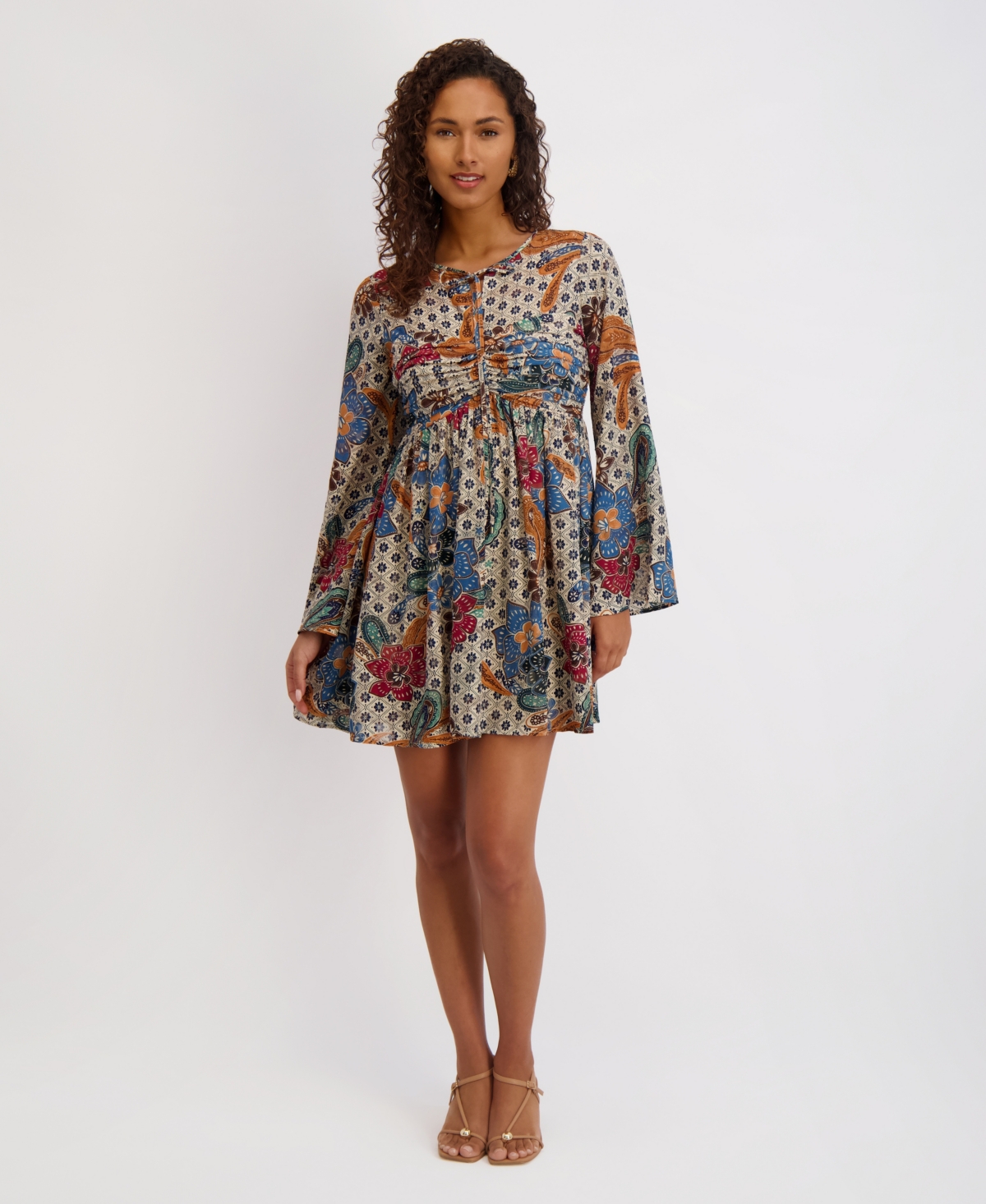 kensie Women's Printed-Chiffon Long-Sleeve Fit and Flare Dress