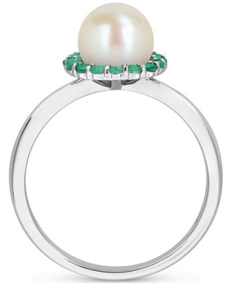 Cultured Freshwater Pearl (7-7.5mm) & Emerald (1/3 ct. t.w.) Ring in Sterling Silver