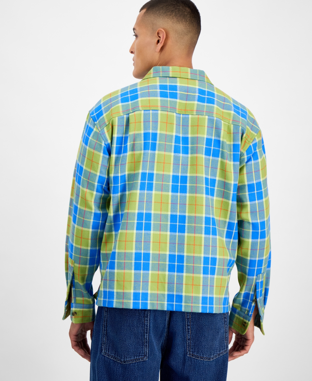Mode Of One Men's Relaxed-fit Camp-collar Plaid Flannel Shirt, Macy's Exclusive In Blue