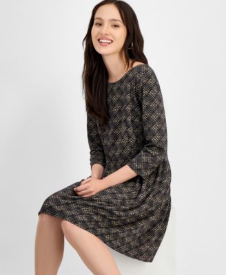 Petite Printed Round-Neck 3/4-Sleeve Dress