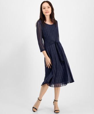 Connected - Petite Mesh Tie-Waist 3/4-Sleeve Midi Dress