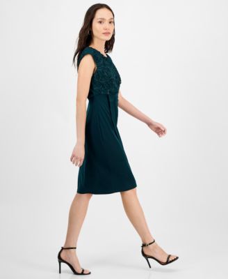 Petite Textured-Bodice Boat-Neck Cap-Sleeve Dress