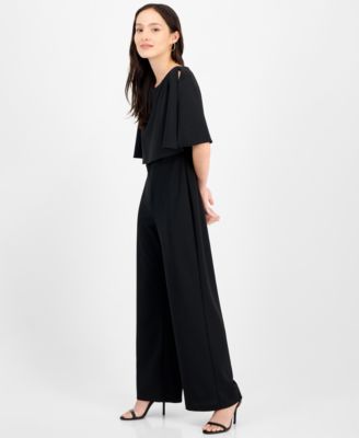 Petite Cape-Sleeve Round-Neck Wide-Leg Jumpsuit