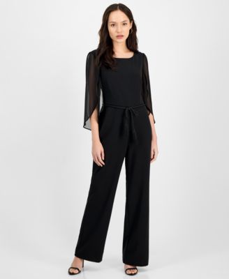 Connected - Petite Bell-Sleeve Tassel-Belt Wide-Leg Jumpsuit