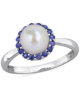 Macy's - Cultured Freshwater Pearl (7-7.5mm) & Sapphire (1/3 ct. t.w.) Ring in Sterling Silver