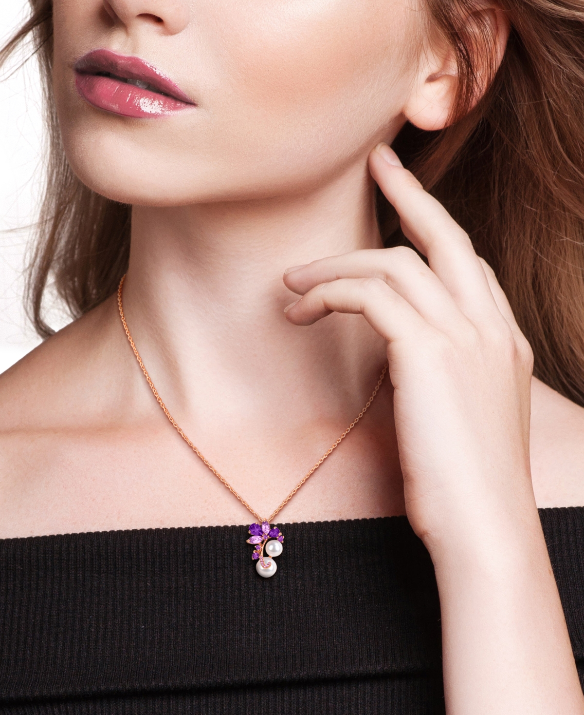 Macy's Cultured Freshwater Pearl (7 & 8-1/2mm) & Amethyst (5/8 Ct.t.w.) Cluster 18" Pendant Necklace In 18k In Purple