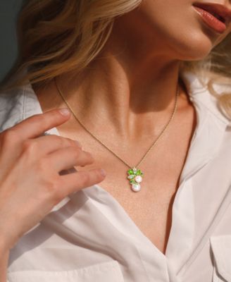 Pink Cultured Freshwater Pearl & Multi-Gemstone (Smokey Quartz, Rose Quartz, & Garnet) Cluster 18" Pendant Necklace in 18k Rose Gold