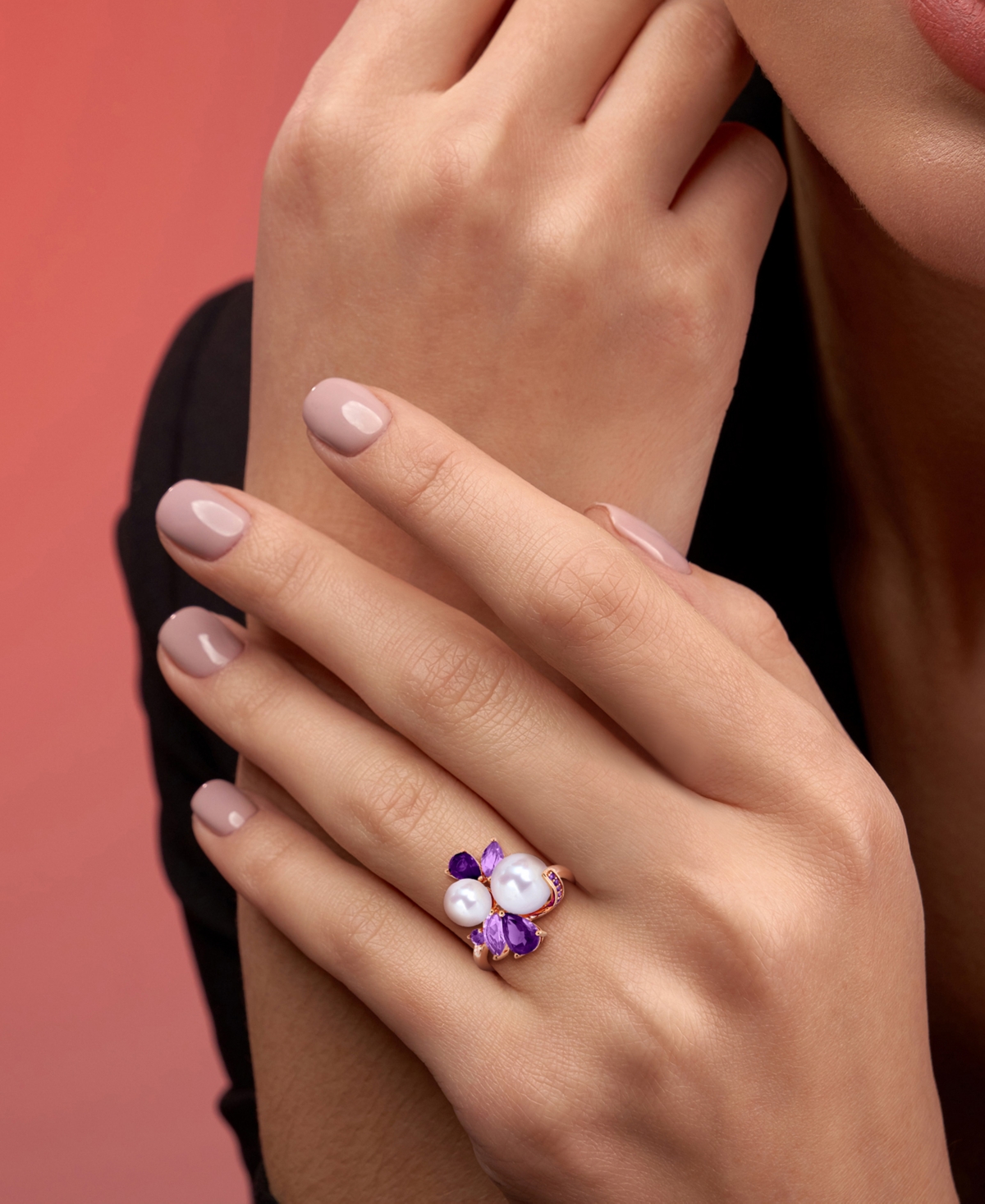 Macy's Cultured Freshwater Pearl (7-8.5mm), Amethyst (1-1/8 Ct. T.w.) & Rose De France (5/8 Ct. T.w.) Ring  In Purple