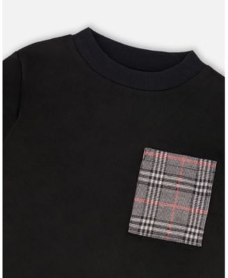 Baby Boy Super Soft Brushed Jersey Long Sleeve Top Black with Plaid Pocket - Baby