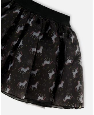 Girl Organza and Mesh Skirt Black with Unicorn Print - Child