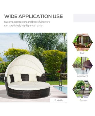 Rat Daybed Patio Furniture Set w/ Adjustable Canopy,