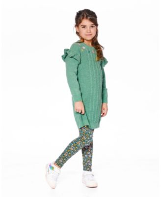 Girl Knitted Dress Sage Green with Ruffles and Floral Embroidery - Child
