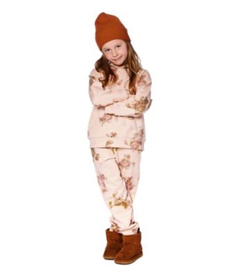 Girl Glittering French Terry Sweatpants Beige Teddy Bear Print - Child