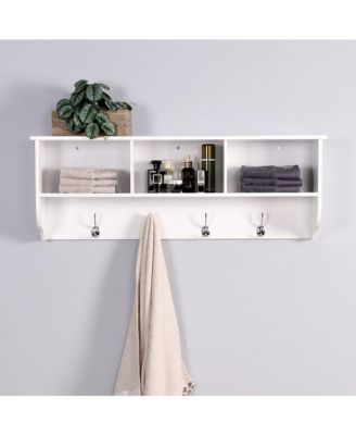 White Entryway Wall Mounted Coat Rack with 4 Dual Hooks Living Room Wooden Storage Shelf
