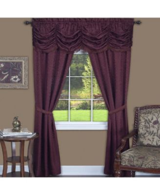 Jacquard Damask Curtains With An Attached Austrian Valance & Tiebacks - 84 in. Long - Burgundy