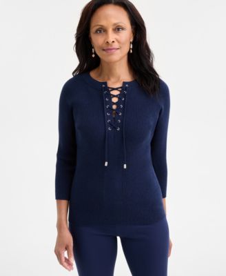 JM Collection - Women's Ribbed Lace-Up Sweater