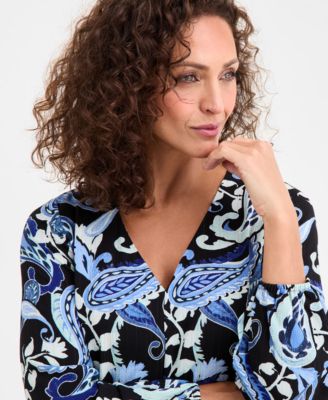 Women's Paisley-Print V-Neck Long-Sleeve Dress, Macy's Exclusive