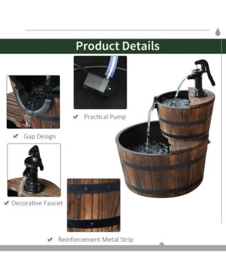 2 Tier Fountain Rustic Wood Barrel Water Fountain w/ Pump Garden Decor