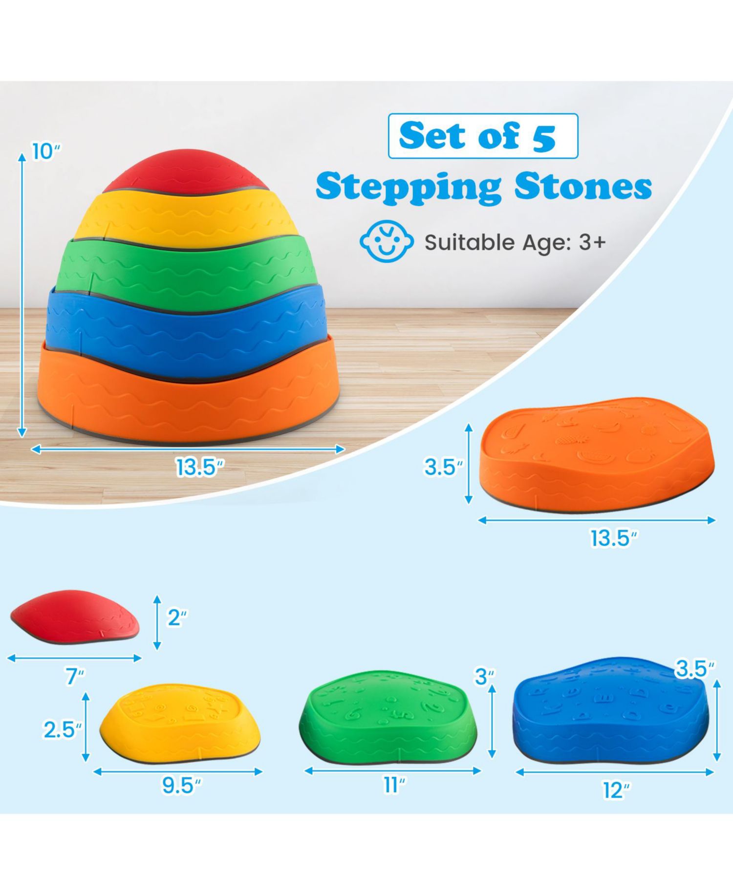 5 Pcs Kids Stepping Stones w/ Non-Slip Edge Sensory Toy for Indoor/Outdoor Play