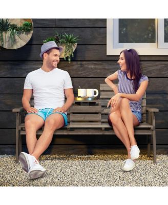 Outdoor Fir Wood Bench w/ Foldable Middle Table w/ Backrest & Armrests