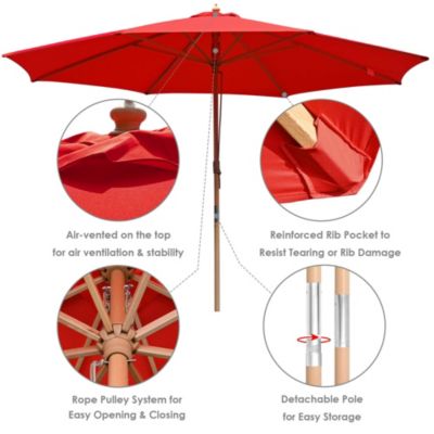 13ft XL Heavy Duty Solid Wood Outdoor Patio Umbrella with Base Parasol Wheels Stand for Bistro Market Table Garden Deck Yard Poolside Red