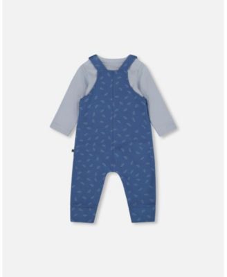 Baby Boy Cotton Onesie and Overalls Set Blue Leaf Print - Baby