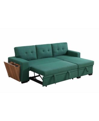 3-Piece Linen Sectional Sofa with Pull-Out Sleeper, Storage Chaise & Cup Holder,Green