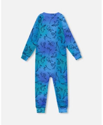 Boy One-Piece Thermal Underwear Blue Gradient Dinosaur Print - Child