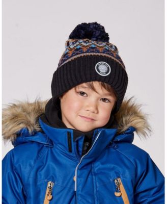 Boy Lined Knit Winter Hat with Pompom Taupe and Navy - Toddler|Child