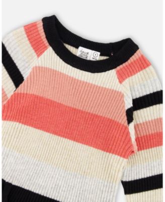 Big Girls Striped Knit Dress Beige Black and Pink