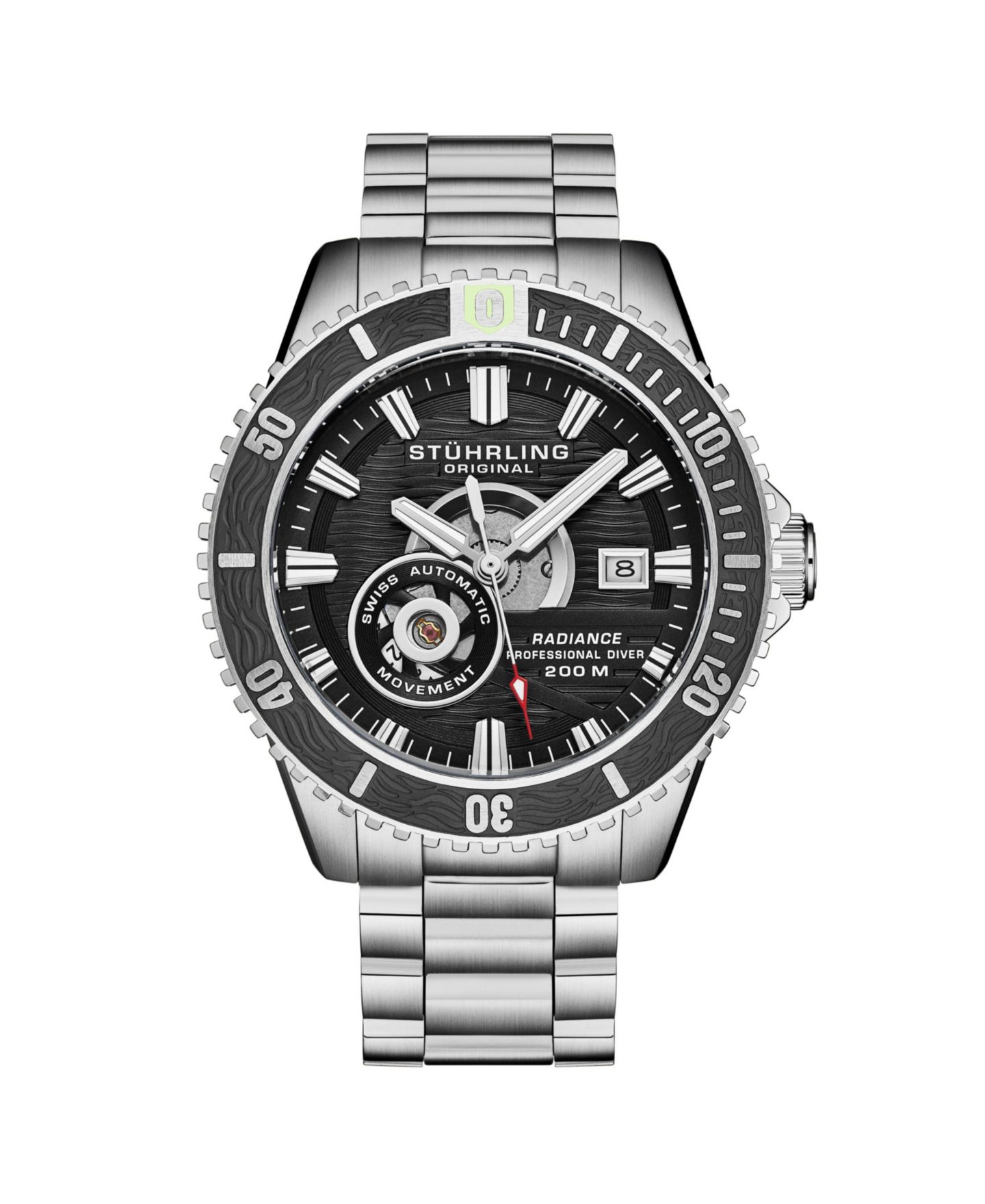 Мужские автоматические часы Stuhrling 1013, чёрный циферблат, стальной браслет, 200м — фото 1