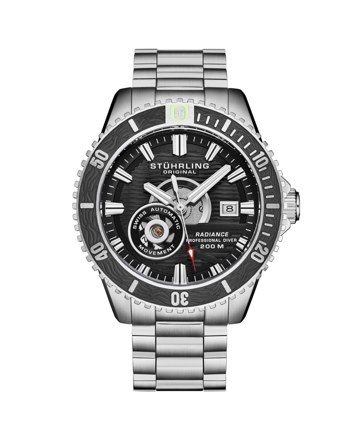 Мужские автоматические часы Stuhrling 1013, чёрный циферблат, стальной браслет, 200м — фото 2
