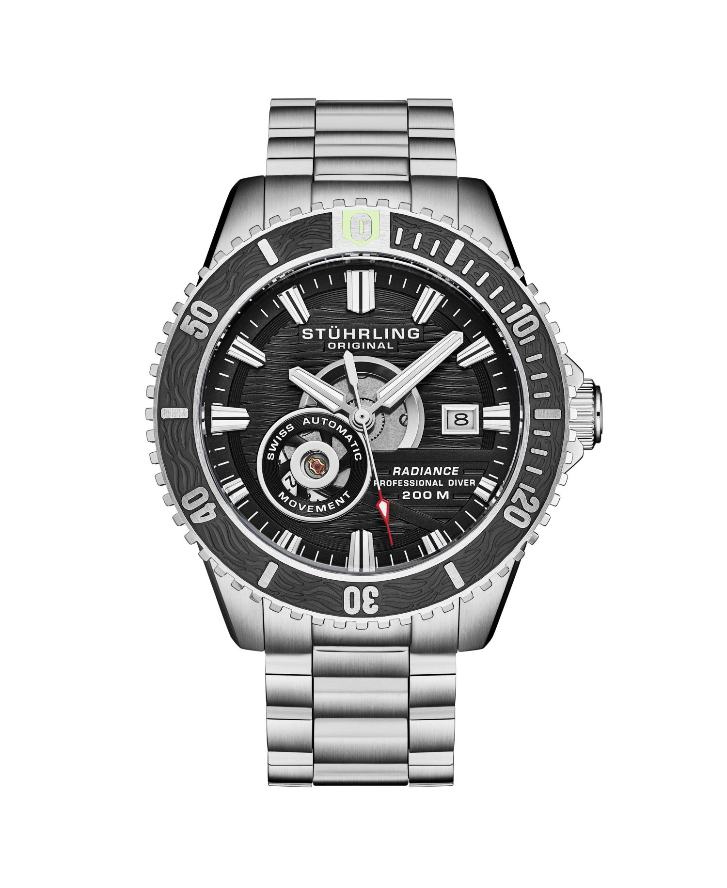1013 Men s Automatic Watch Swiss Movement Black Dial Black Bezel Stainless Steel Case and Bracelet 200M Water Resistant Diver Date Window
