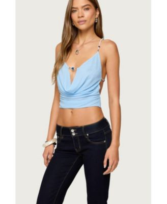 Women's Beaded Deep Cowl Neck Backless Top