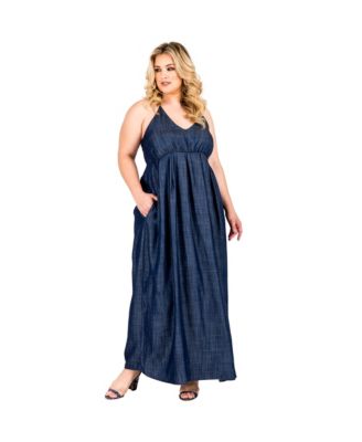 Plus Size Tencel Denim Halter Neck Maxi Slip Dress