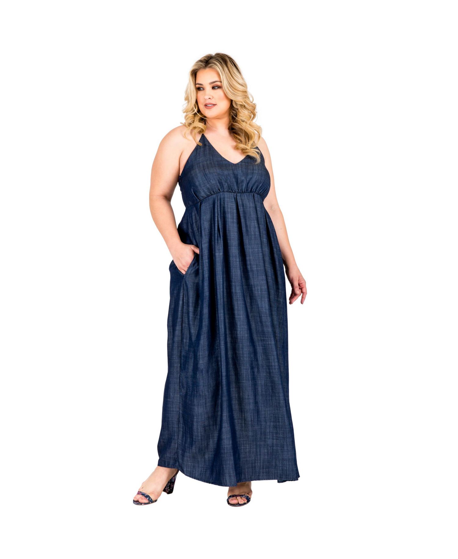 Plus Size Tencel Denim Halter Neck Maxi Slip Dress