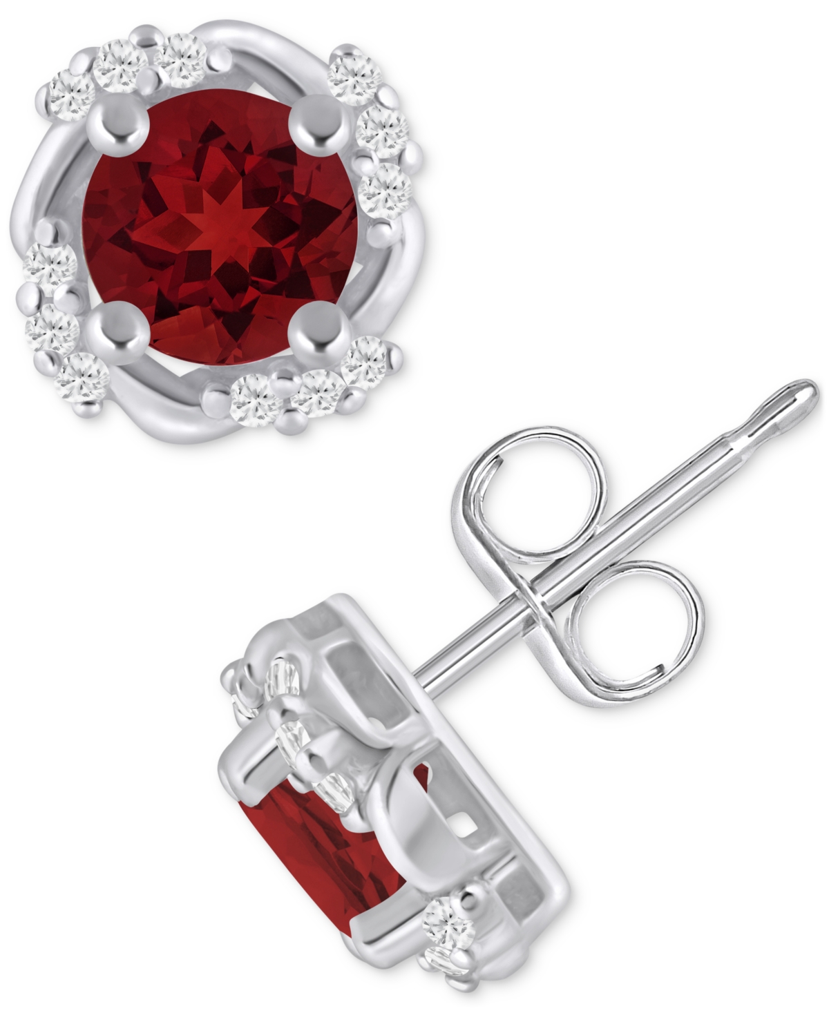 Macy's Gemstone And Diamond Framed 1/3" Stud Earrings In 14k Yellow Gold (also In 14k White Gold) In Burgundy