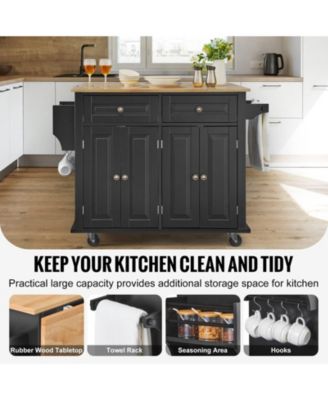 Mobile Kitchen Cart with Solid Wood Top, Storage Cabinet, Spice and Towel Rack