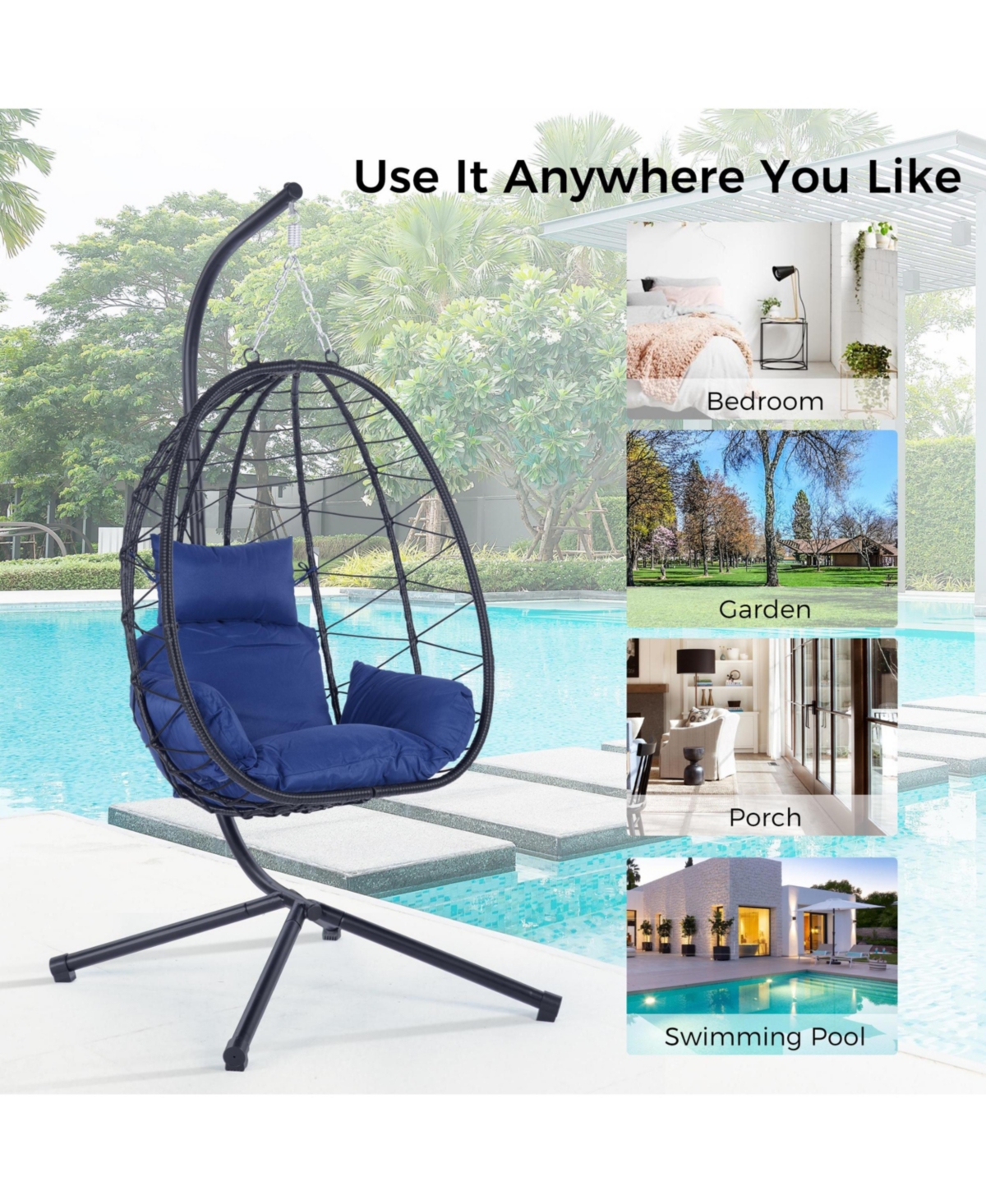 37 Inch Wicker Egg Swing Chair with Stand 350LB Capacity and Removable Cushion