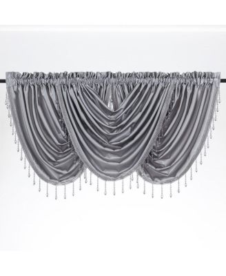 Ultra Lux Faux Silk Regency Crinkle Rod Pocket Semi Sheer Crystal Beaded Window Valance - 57 in. W x 37 in. L, White