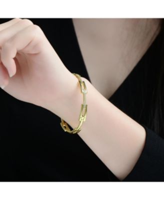 14K Gold Plated with Clear Cubic Zirconia Rectangular Link Bangle Bracelet