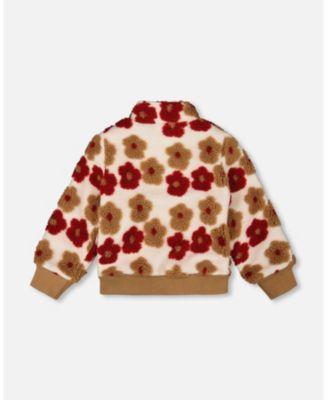 Girl Full Zip Sherpa Jacket with Jacquard Floral Pattern Beige and Red - Child