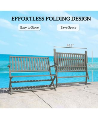 Wood Outdoor Bench, 2-Person Foldable Patio Garden Bench,