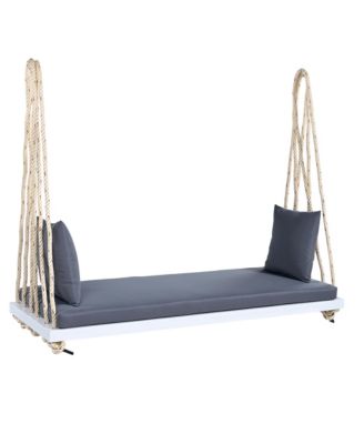 Patio Wooden Swing Chair, Hanging Porch Swing Bench with Cushion&Pillows, 10.8Ft Hemp Ropes for Garden,Backyard, Lawn,White