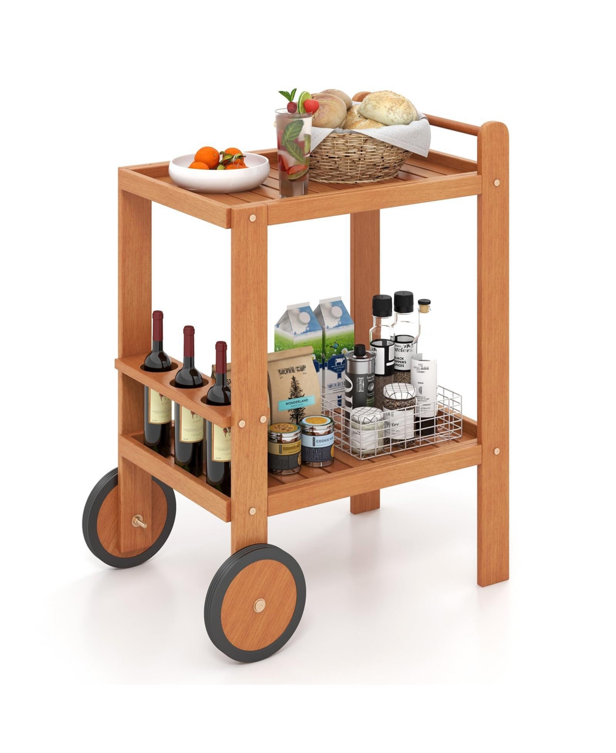 2 Tier Rolling Serving Cart with Wine Bottle Holders and 2 Rubber Wheels - Natural