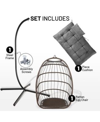 Foldable Egg Chair - Rattan Wicker Hanging Egg Swing Chair with Stand, Waterproof Seat Cushion,, and Headrest for Patio, Bedroom, Porch, and Garden (Deep Gray)