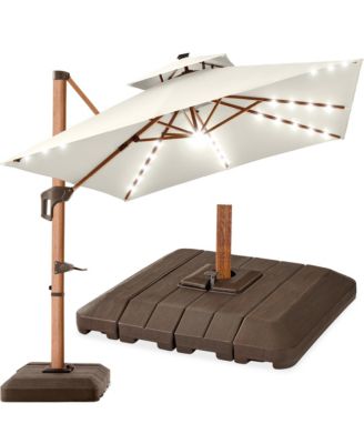 10ft Square Woodgrain Pattern 2-Tier Outdoor Solar LED Cantilever Umbrella w/ Base