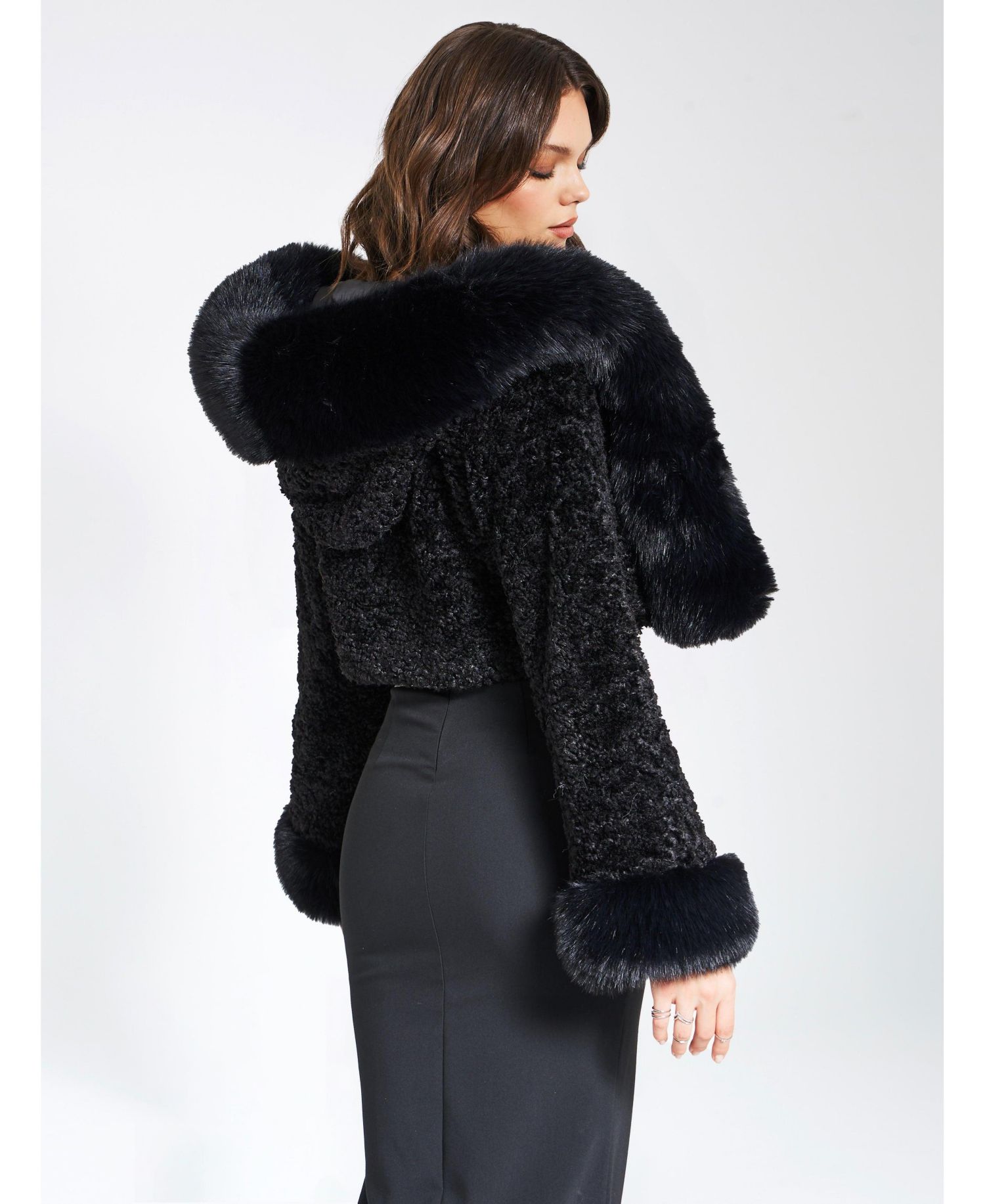 Women's Kali Black Cropped Faux Fur Jacket With Hood